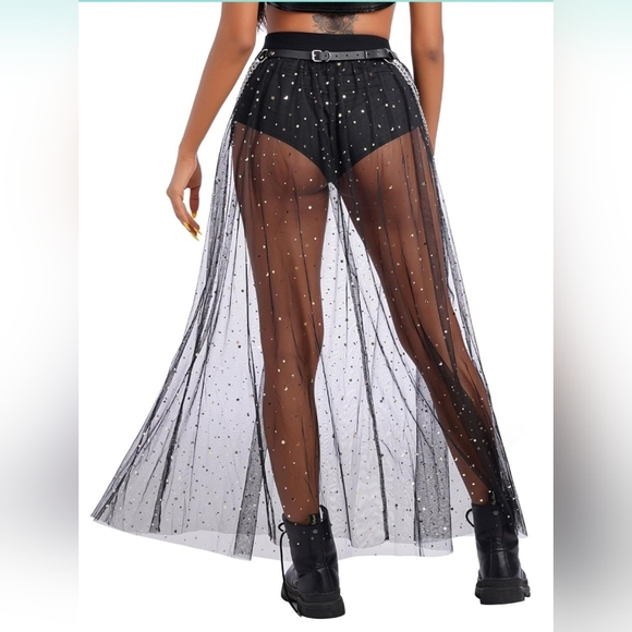 Mesh Sheer Tulle Maxi Sparkle Skirt - Size M, Black - Picture 6 of 8